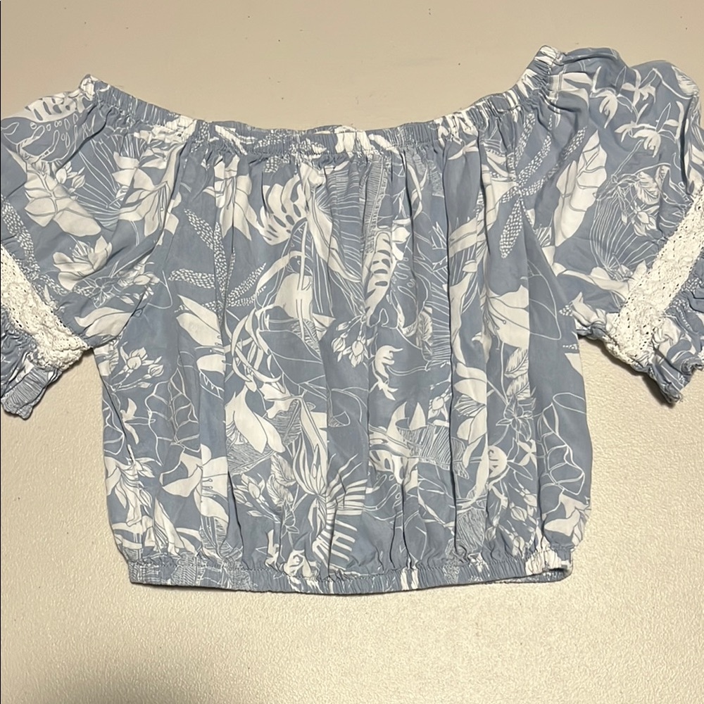 Surf Gypsy Off-Shoulder Blue and White Crop Top